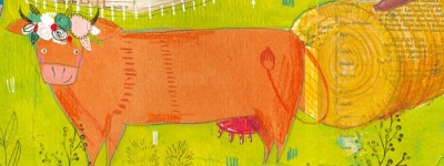 Illustration d'une vache coiffée de fleurs extraite de l'album 1000 vaches d'Adèle Tariel