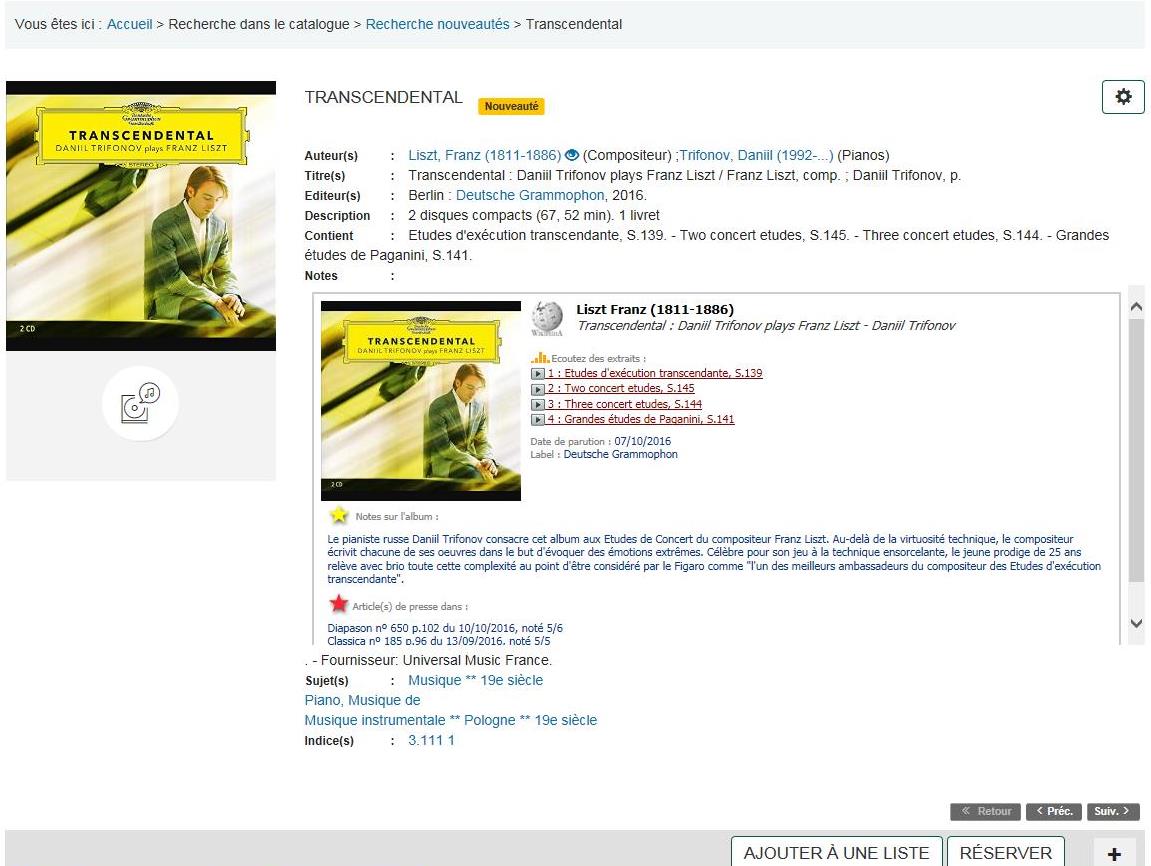 Capture d'écran de la notice du CD "Transcendental" dans le catalogue de la MDJ. Des extraits musicaux peuvent être écoutés directement à partir de la notice.