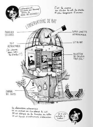 Extrait du livre "Le super week-end de l'espace" de Gaëlle Alméras où l'ont voit un plan en coupe de l'observatoire du personnage Rat