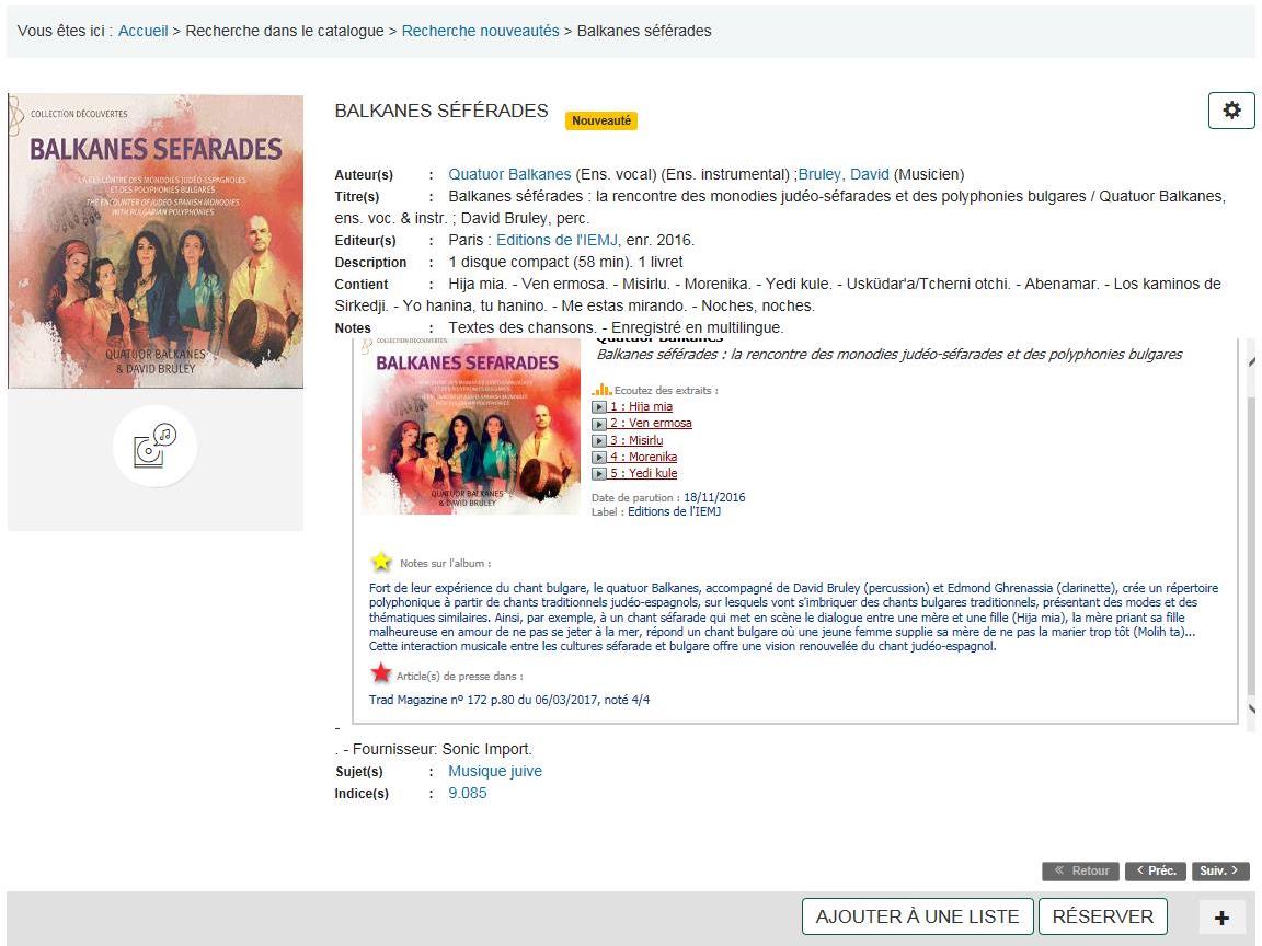 Capture d'écran de la notice du CD "Balkanes Sefarades" dans le catalogue de la MDJ. Des extraits musicaux peuvent être écoutés directement à partir de la notice.